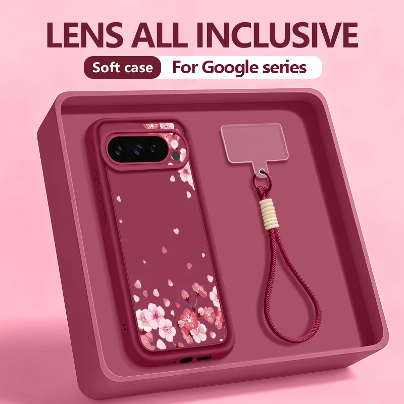 Pink Flower Pattern Soft Silicone Phone Case with Lanyard