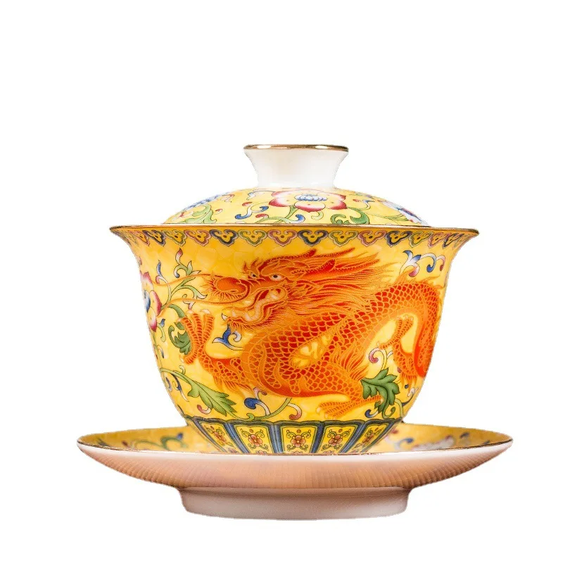 Enamel Color Gaiwan Single Dragon and Phoenix Master Cup, Large Ceramic Household Tea Brewing Bowl, High-End Tea Ceremony Bowl