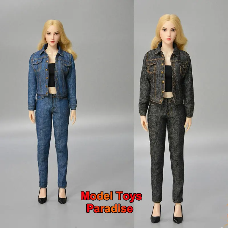 

SGTOYS S-019 1/6 Female Soldier Denim Clothes Set Lapel Long Sleeve Top Pants High Heels Fit 12inch Action Figure Body