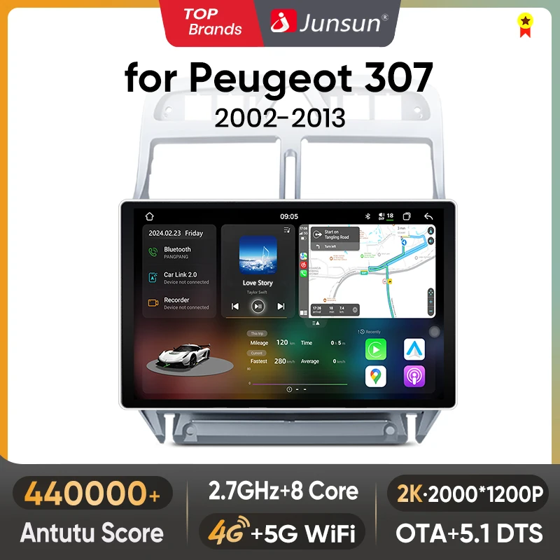 Sistemas inteligentes para automóvil Junsun 7870 2K con CarPlay inalámbrico y Android Auto para Peugeot 307 307CC 307SW 2002-2013 RDS FM Multimedia