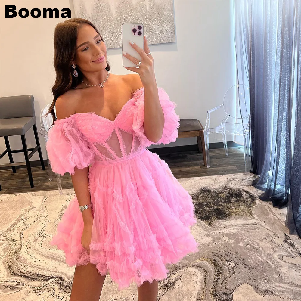 

Booma Pink A Line Mini Prom Dresses Sweetheart Off Shoulder Tiered Tulle Evening Dresses Special Occasion Events Cocktail Dress