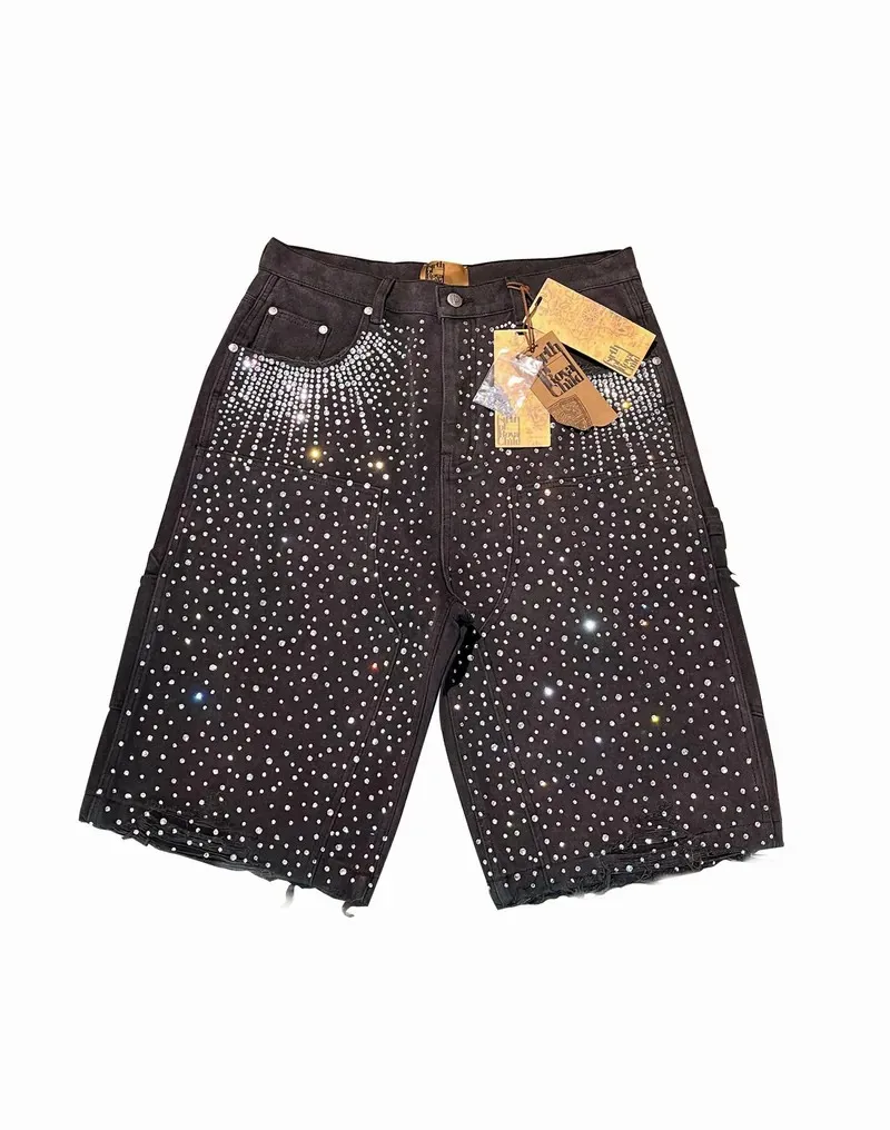 Streetwear Retro Ripped Denim Shorts Men Women Harajuku Hip Hop Punk Twinkle Rhinestone Short Jeans Gothic Brown Baggy Shorts denim shorts summer jeans shorts