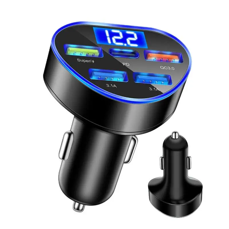 

Автомобильное зарядное устройство USB Тип C PD QC 3,0, 66 Вт, 5 в 1, адаптер для быстрой зарядки со светодиодным дисплеем напряжения, автомобильное зарядное устройство для телефона