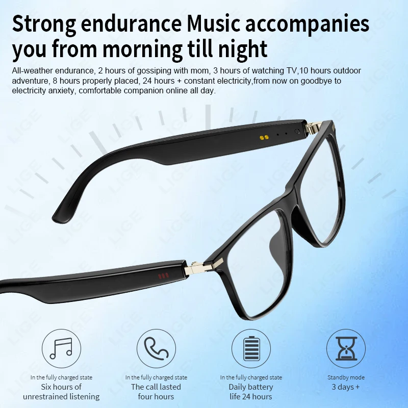 LIGE 2025 New Smart Glasses Sunglasses Bluetooth Headphones Anti Blue Light UV Protection Lenses Waterproof Eyeglasses Men Women