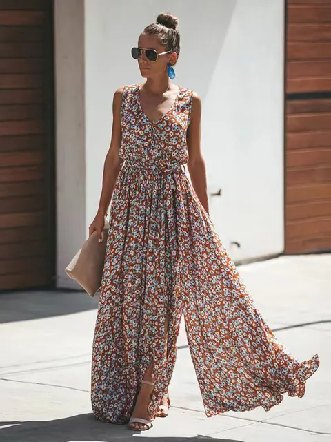 Summer Floral Maxi Dress Women Sleeveless Boho Long Dress Casual Print Lace  Up Beach Dress Female V Neck Split Fashion Dress - Dresses - AliExpress