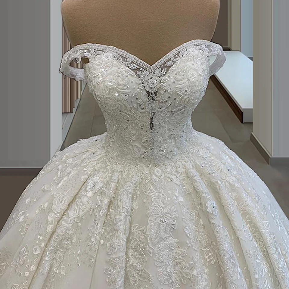 Exquisites elfenbeinfarbenes schulterfreies Ballkleid-Hochzeitskleid 2026 mit herzförmigem Ausschnitt, Perlenapplikationen, Brautkleid für Damen, Vestidos De Noiva – Detail 5