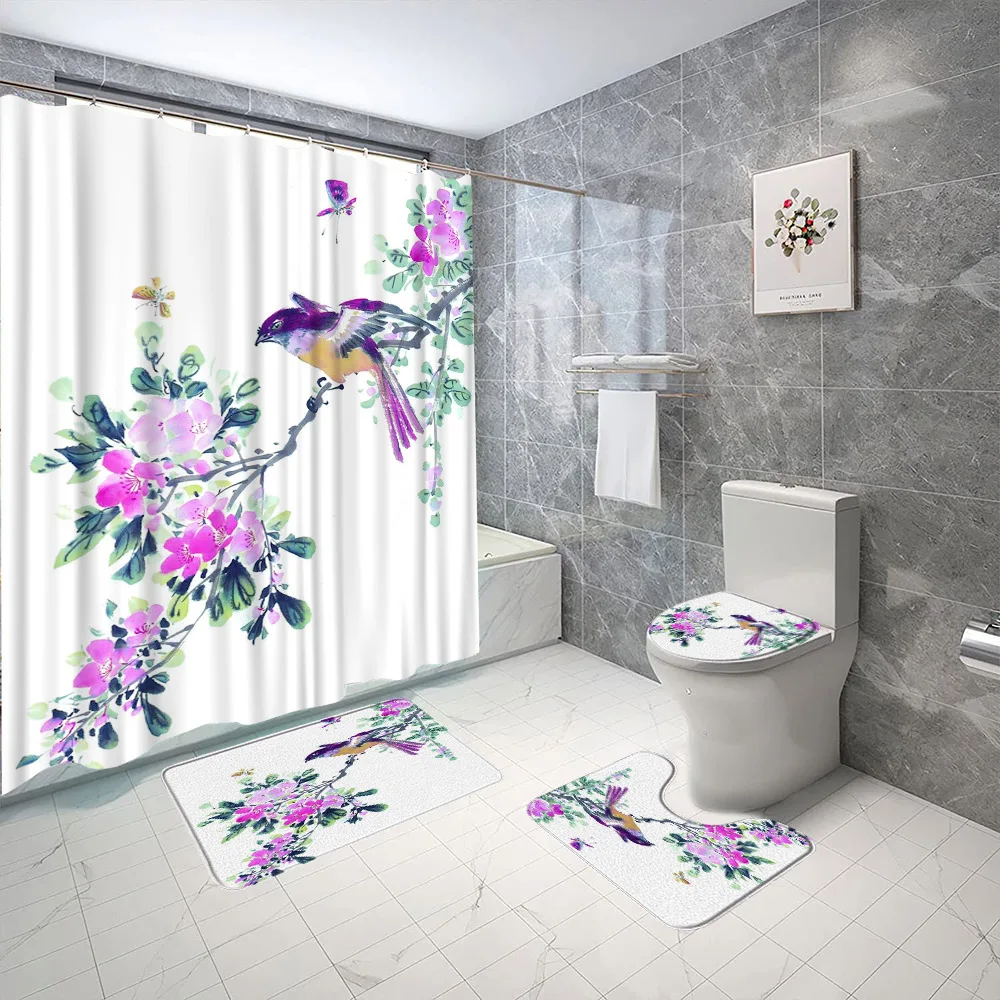 

Занавеска для душа с изображением цветов, ветвей, птиц, бабочек, чернил, древней живописи, розового цветка, дерева, искусство, декор для ванной комнаты, Противоскользящий коврик для ванной, набор ковриков