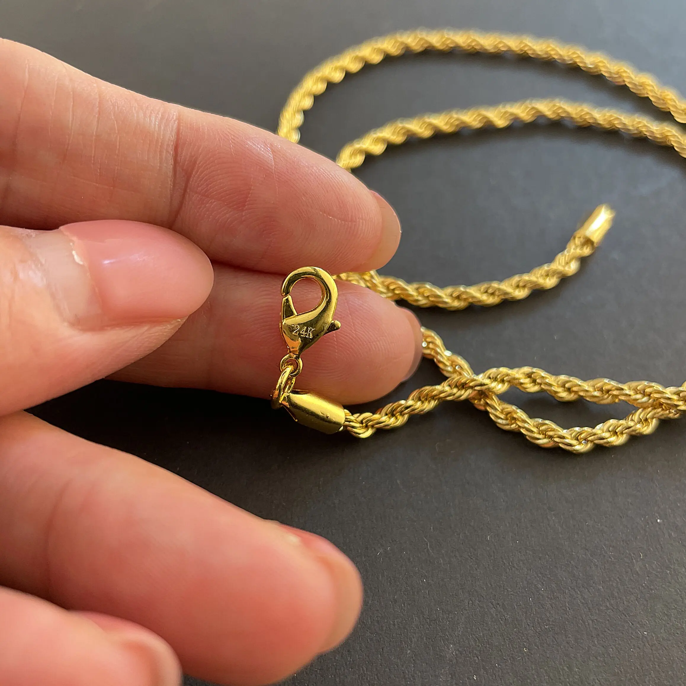 Hip Hop 24K Gold Color Necklace 3MM Twisted Rope Twist