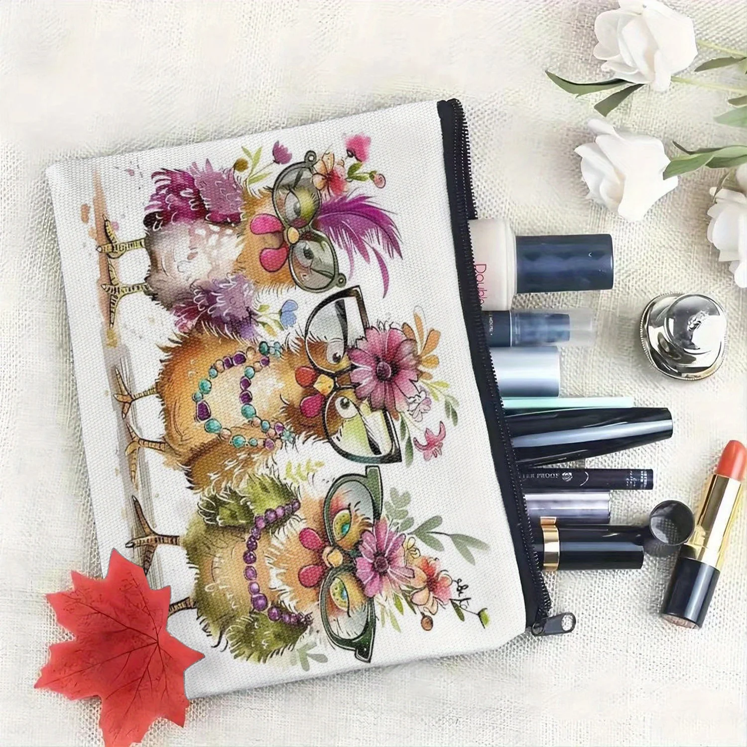 다채로운 세 작은 병아리 리넨 메이크업 가방, 안전 지퍼, 무취, 다기능 여행 휴대용 메이크업 가방, 세면 용품 가방