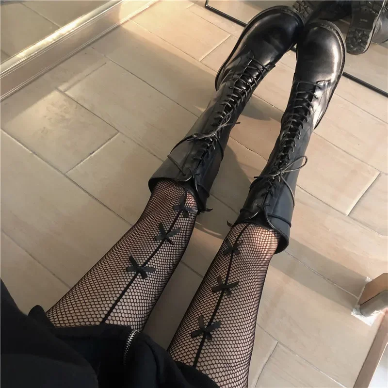 Kawaii Gothic Netzstrumpfhose mit Schleifenknoten, Lolita-Stil, Damen, Spicy Girl, Schwarz-Weiß, Sexy, Dünne Ins-Trend Spitzenstrumpfhose – Detail 5