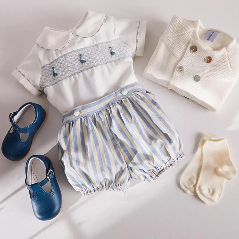 Cekcya Baby Boy Hand Made Smocking Suit Children Summer Embroidery Shirt Striped Cotton Shorts Boys Spanish Smocked Clothes Set