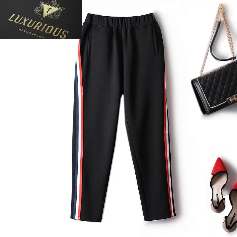 

Tracks Pants Women 2024 Autumn Winter Side Patch Striped Big Pocket Harem Cropped Women's Clothing Korean Style 4XL