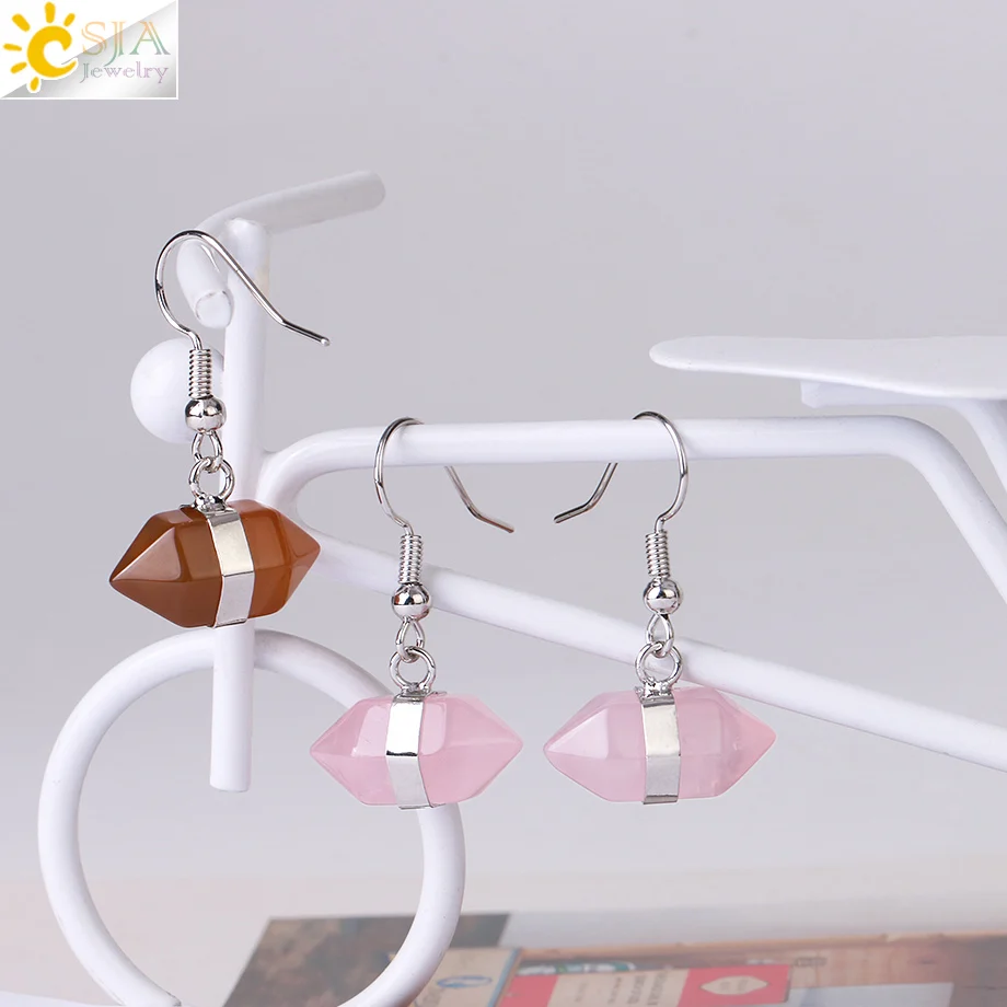 CSJA Healing Crystals Earrings for Women Natural Stone Quartz Earrings Hexagonal Double Statement Jewelry Amethysts G986