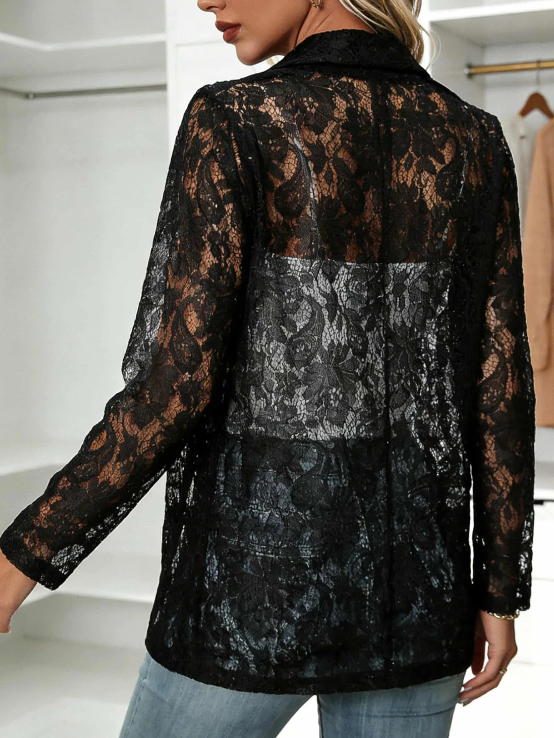 2026 New Women's Spring Suit Jacket, Lace Semi-permeable, Long-sleeved Suit Collar, Buckle-free Design, Office Women's Clothing