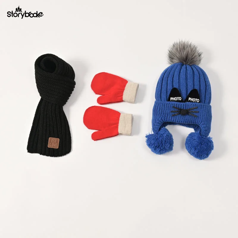 Hat scarf gloves Baby hat scarf gloves three-piece set Autumn/winter children's woolen hat boy/girl cartoon cat beard
