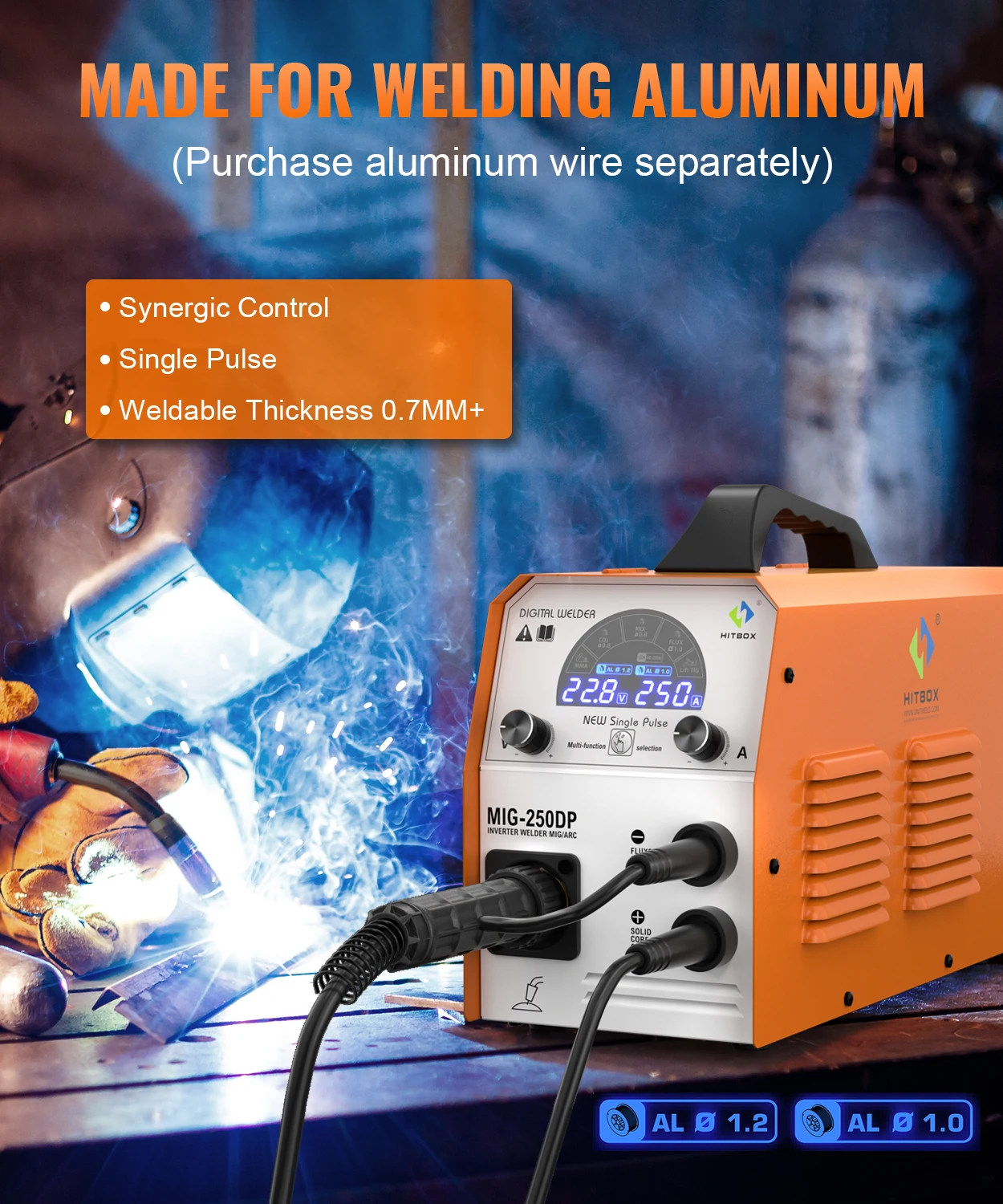 HITBOX MIG250DP 220V-240V Original Multi-process Machine GAS MIG/ Flux MIG/Stick/LIFT TIG Welding Aluminum IGBT Inverter Welder