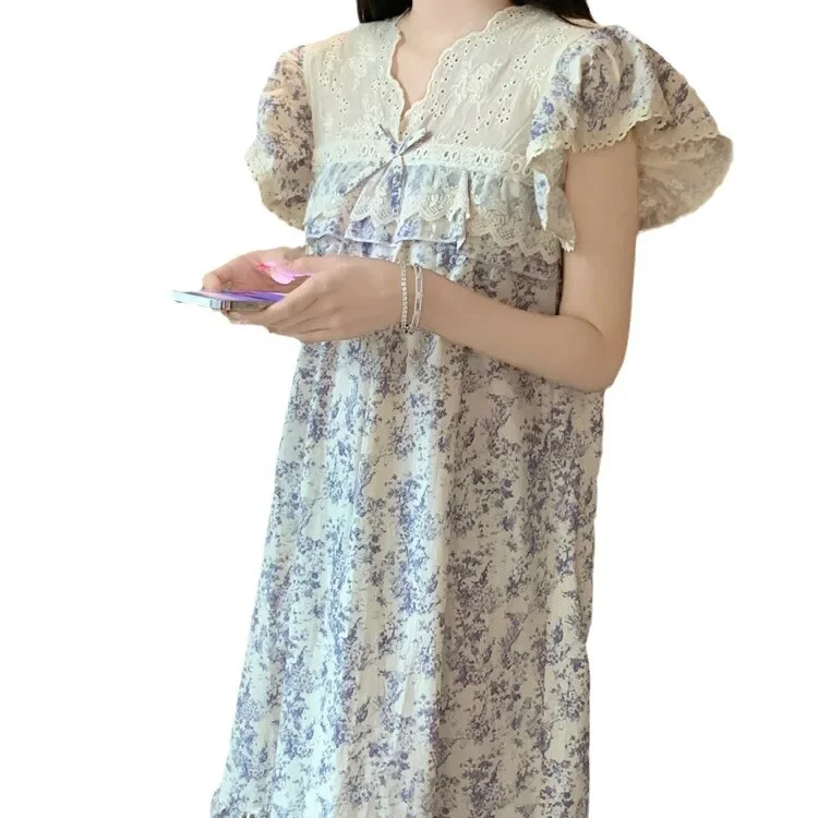 2024 الصيف المرأة ثوب النوم الدانتيل قصيرة الأكمام...