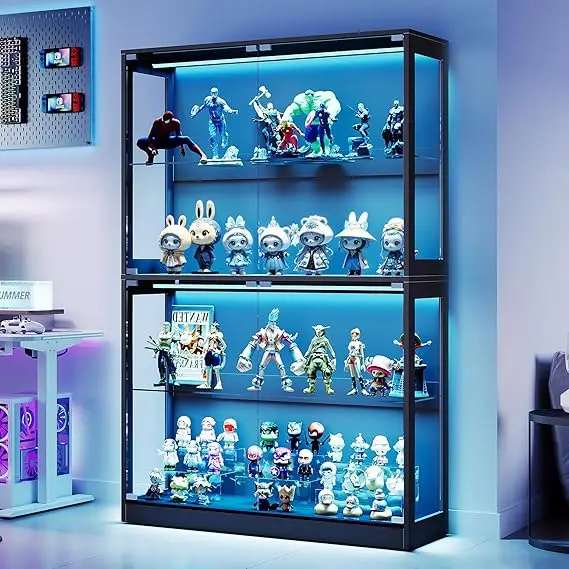 rgb display cabinet with adjustable glass shelves, 4-tier storage case with led lights & press-to-open doors, modern display sh