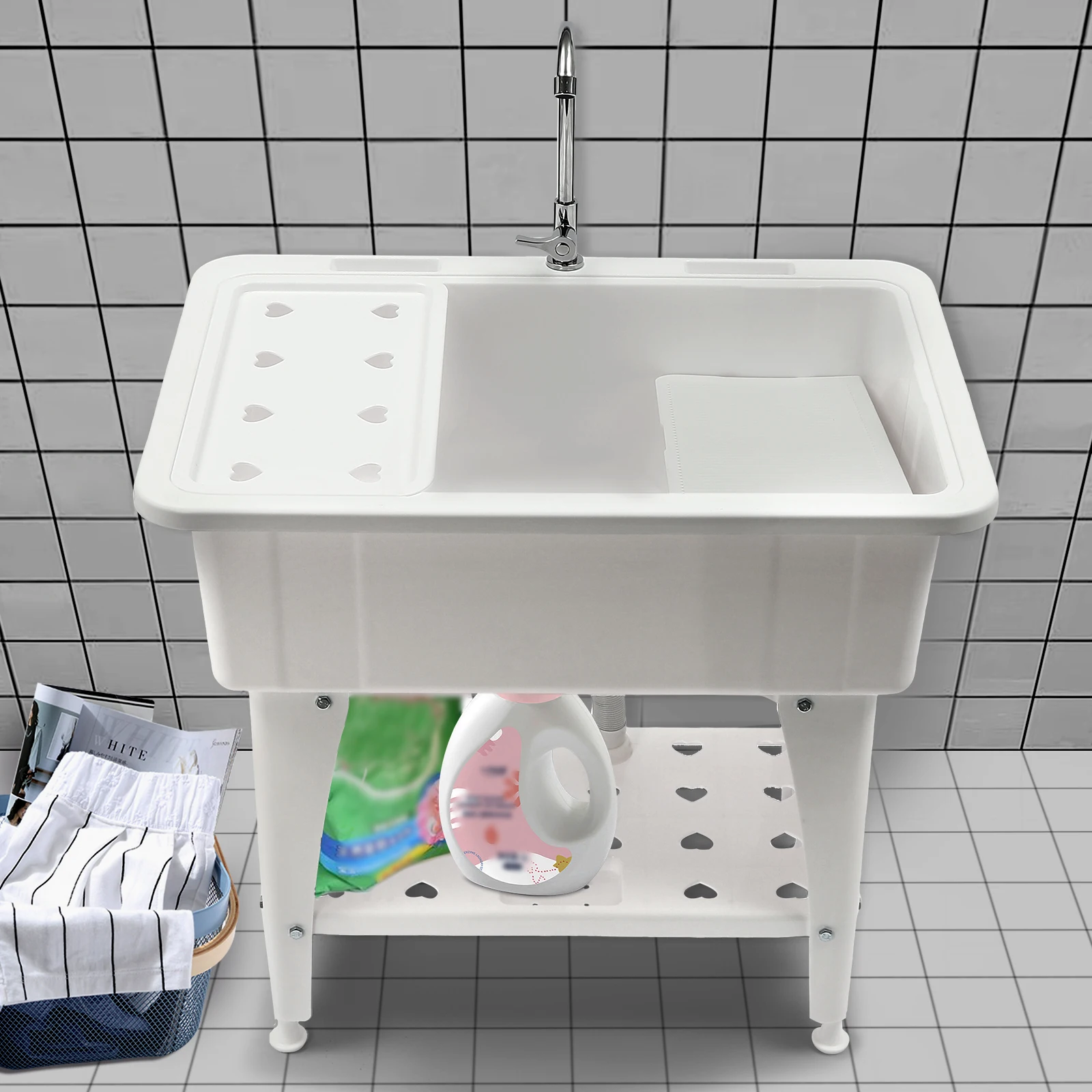 Freestanding Plastic Laundry Sink with Storage Shelf & Washboard Utility Sink Laundry Tub with Stainless Faucet 5