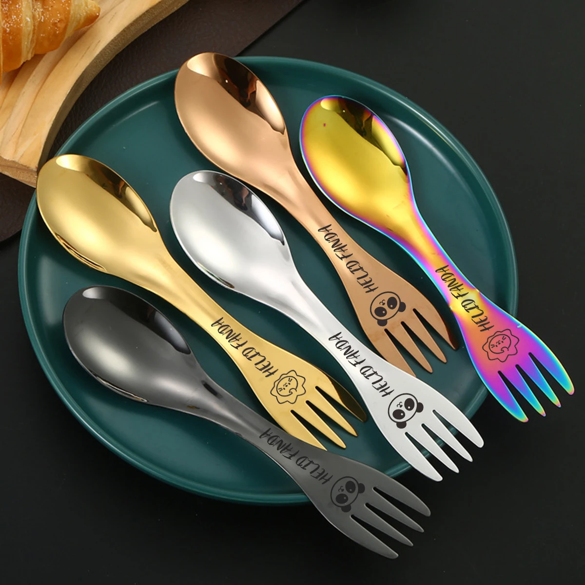 WORTHBUY 304 Stainless Steel Double-headed Spoon Fork Integrated Tableware Dual-purpose Flatware Kitchen Soup Spoon Dessert Fork