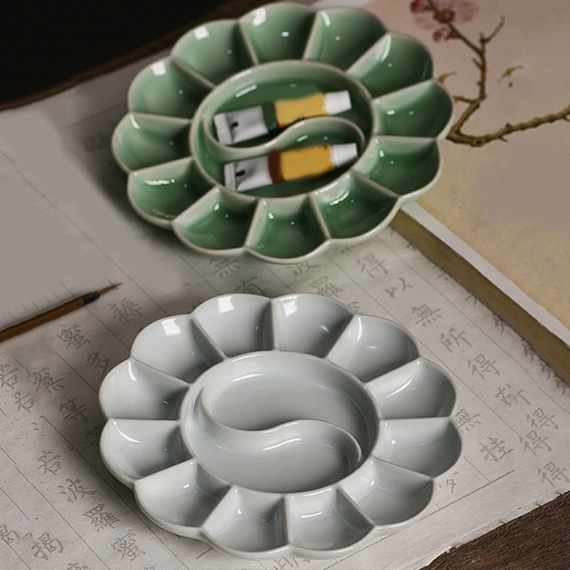 Handmade Celadon Palette Plum Blossom-Shaped Watercolor Paint Tray Ru Kiln Ceramic Plate And Pen Holder