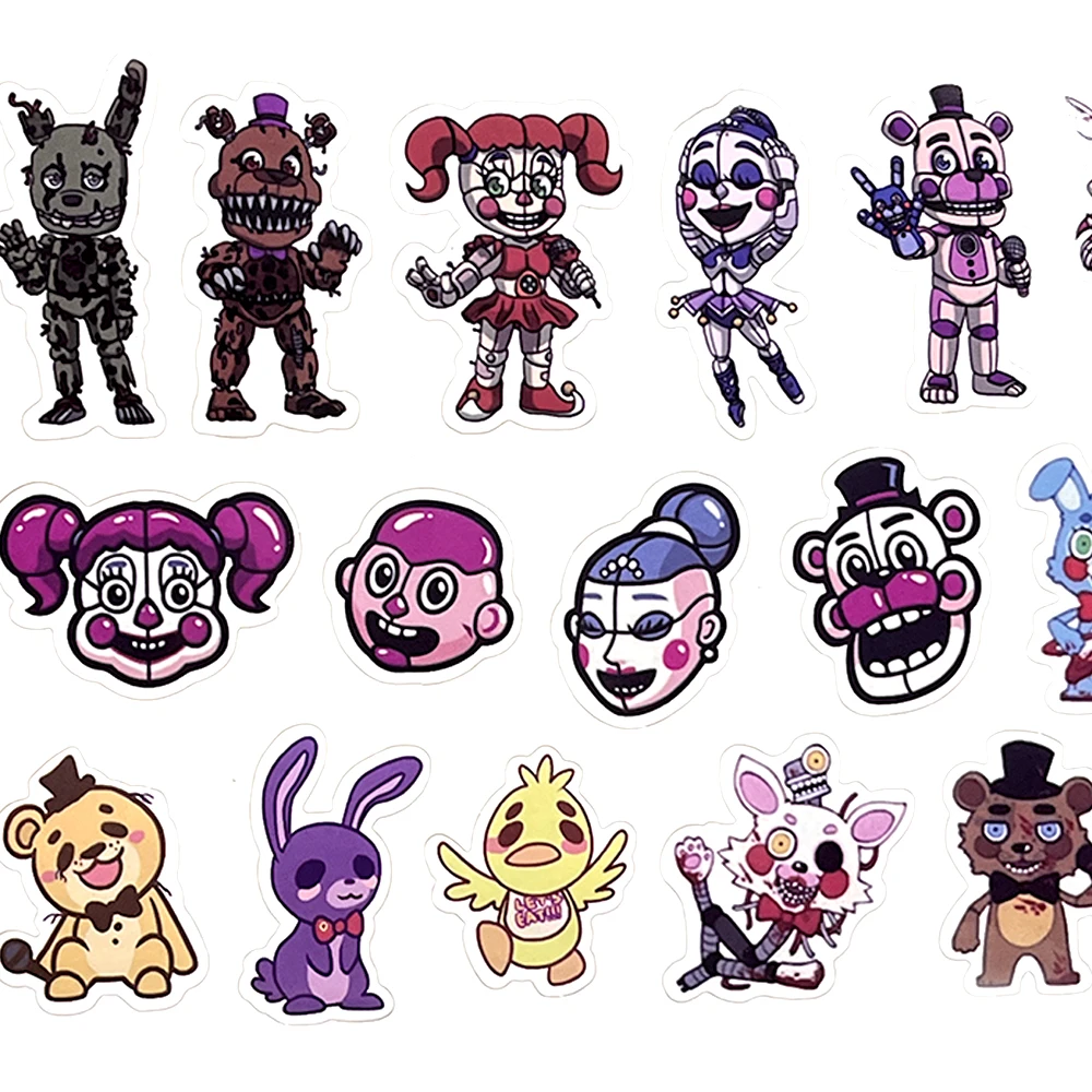 2 Sheets FNAF Nightmare Fazbear Stickers Characters Mangle Foxy Bonnie Chica Fready Waterproof Sticker Toy Scrapbook Guitar Dec