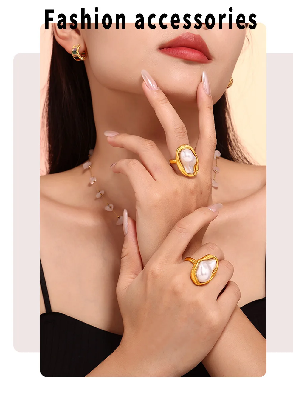 Eleganter Weißer Imitationsperlen Offener Ring Damen Edelstahl PVD Goldplattiert Personalisierter Fingerring Luxus-Schmuck – Detail 7