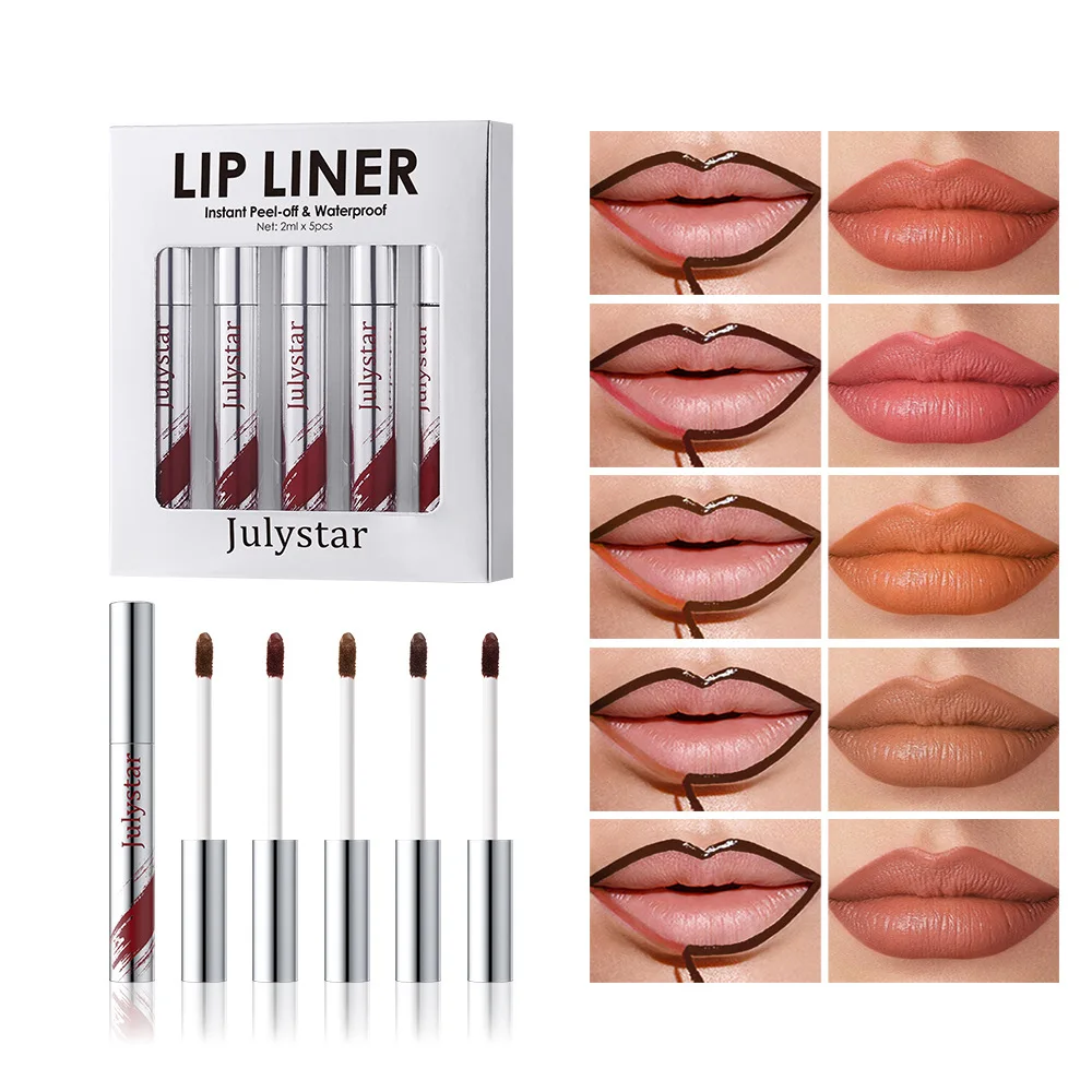 Peel Off Lip Liner Pen Set 5pcs Long-lasting Waterproof & Smudge-proof Peel Off Lip Liner Stain Peel Lipstick Natural