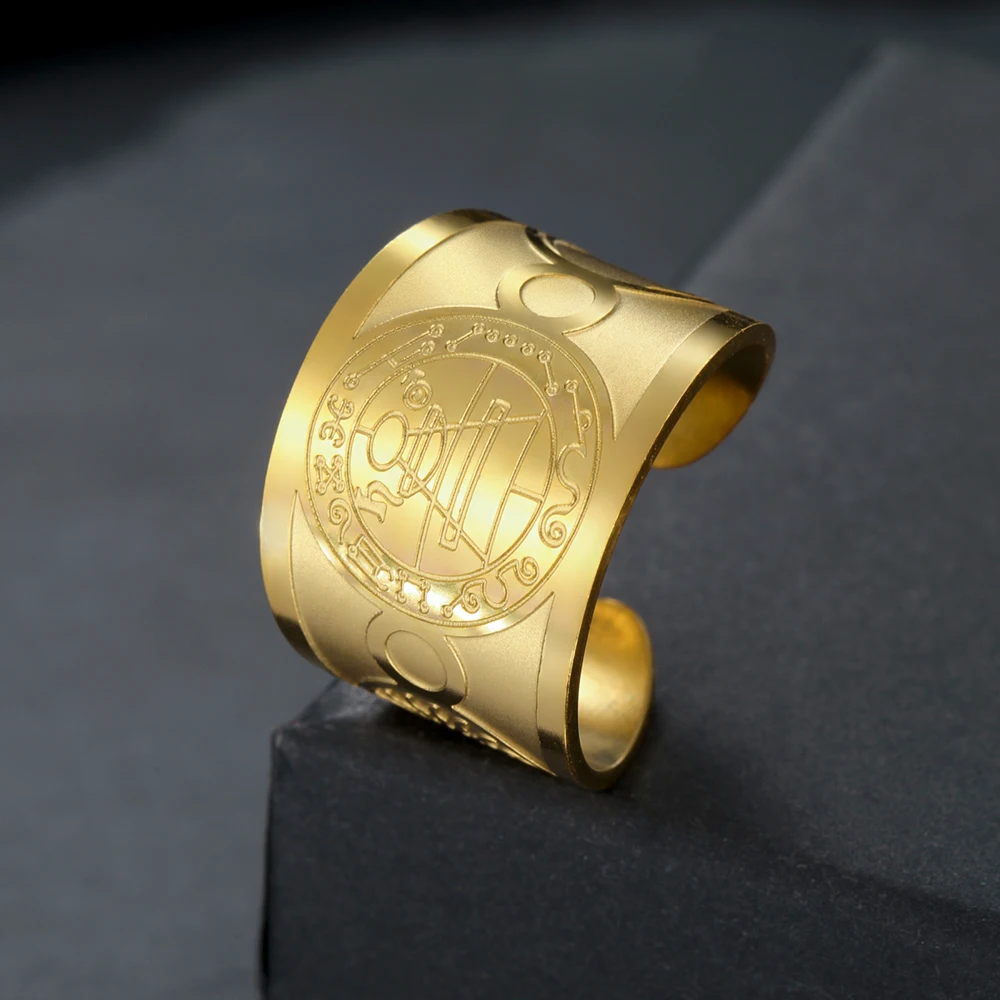 Reichtum Glück Amulett Kabbala verstellbarer Ring Männer Solomon geheime Dichtung Finger Ring Edelstahl Schmuck Wasserdicht Sonne Mond Okkultes Symbol Schutzamulet Edelstahl Ring für Männer Frauen – Detail 13