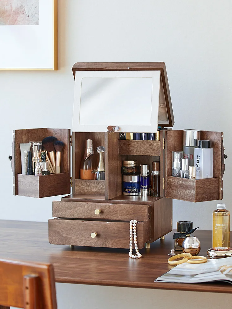 Cosmetics Storage Box Dustproof With Mirror Integrated Wooden Desktop