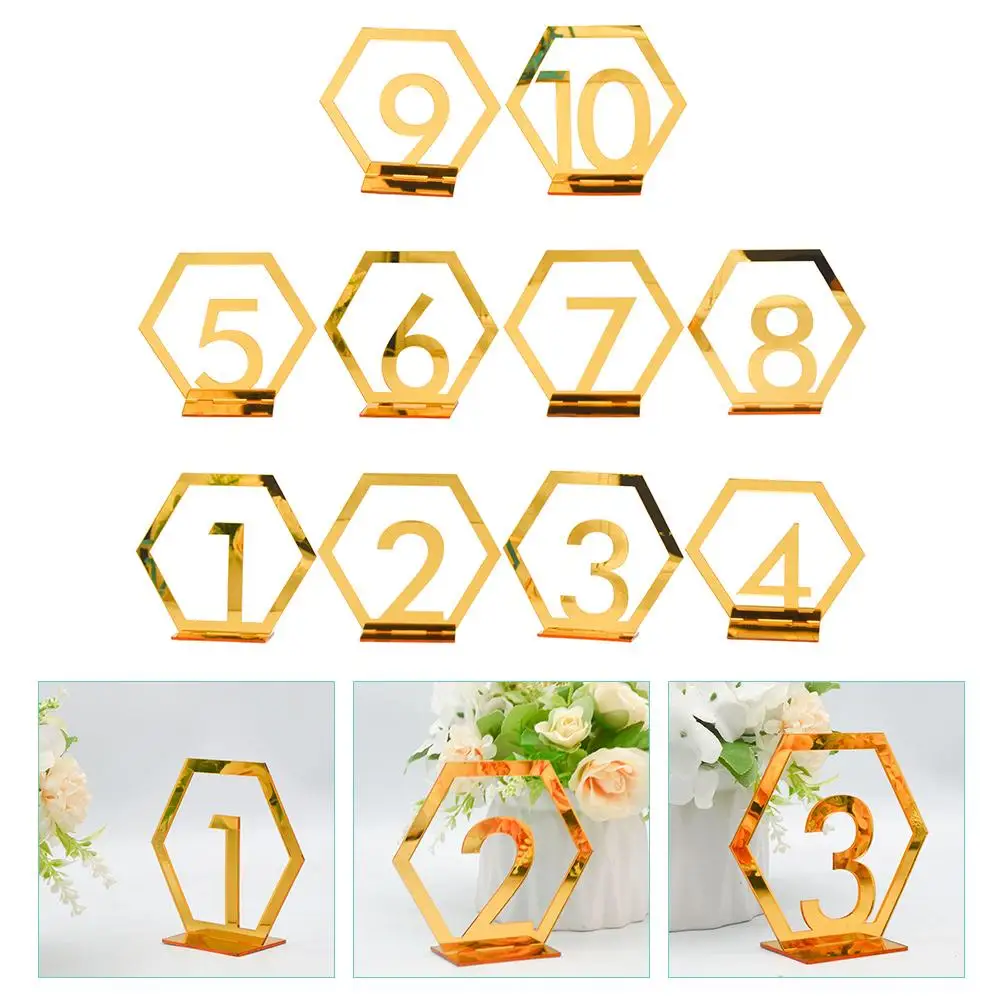 10Pcs Table Number Plates Digital Signage Wedding Reception Banquet Menu Card Holders Golden Clear Numbers Festive Party
