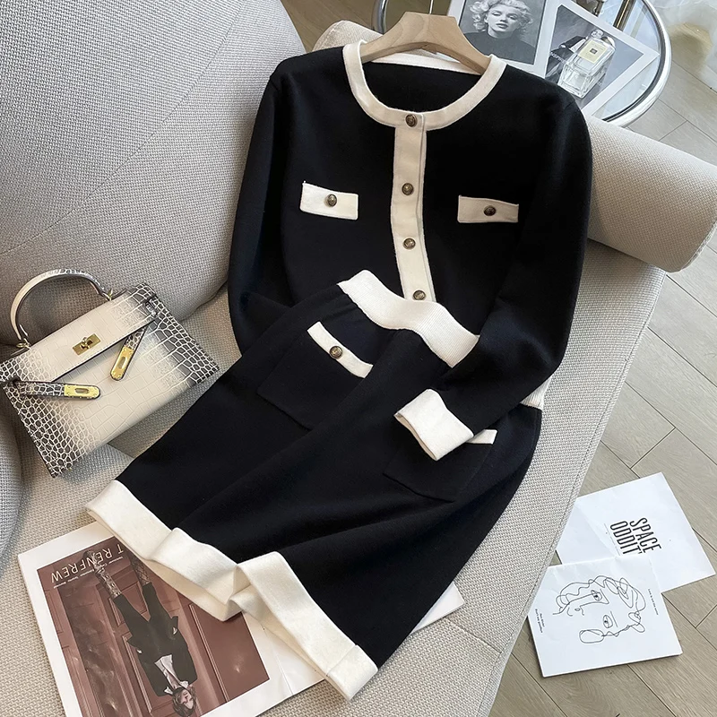 

Женские зимние вязаные комплекты, офисный женский элегантный трикотажный свитер с глубоким V-образным вырезом, кардиган и вязаная юбка с принтом и кисточками, комплект из 2 предметов