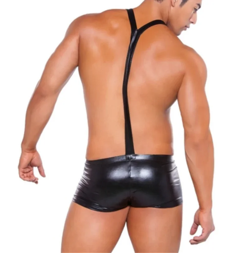 Sexy Men Patent Leather Bodysuits Shorts Black Wetlook Panties Braces Rompers Suspender Trousers Strap Jumpsuits Night Club Wear
