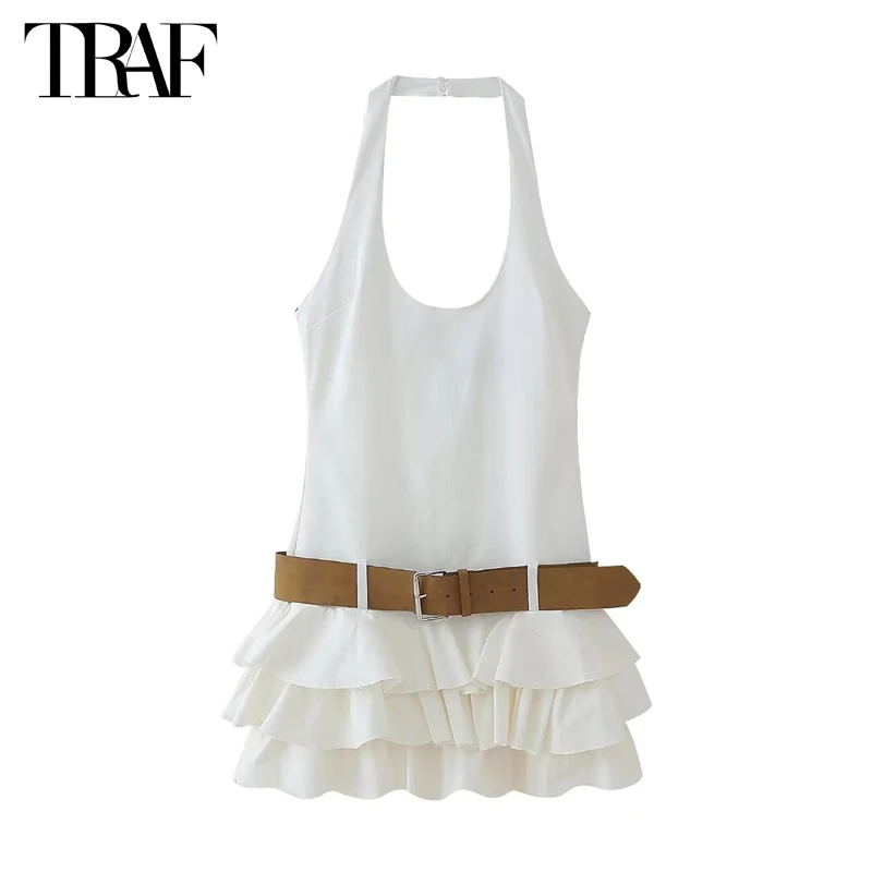 

TRAF White Ruffle Short Dresses for Women Summer Halter Dress Woman Belt Backless Mini Dress Women Beach Holiday Female Dress