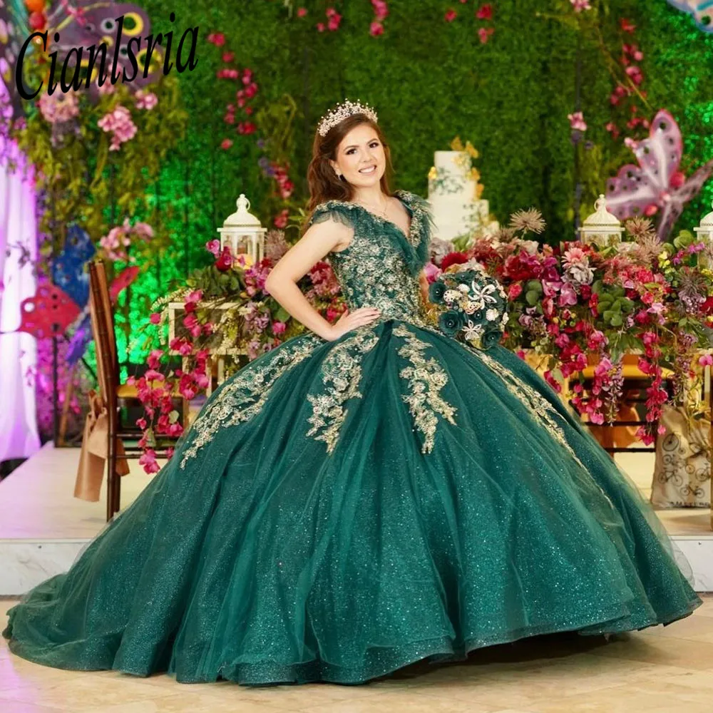 

Зеленое бальное платье, платья для Quinceanera, Золотые Аппликации, Формальные Выпускные, платья на шнуровке, милое платье с открытыми плечами 15 16