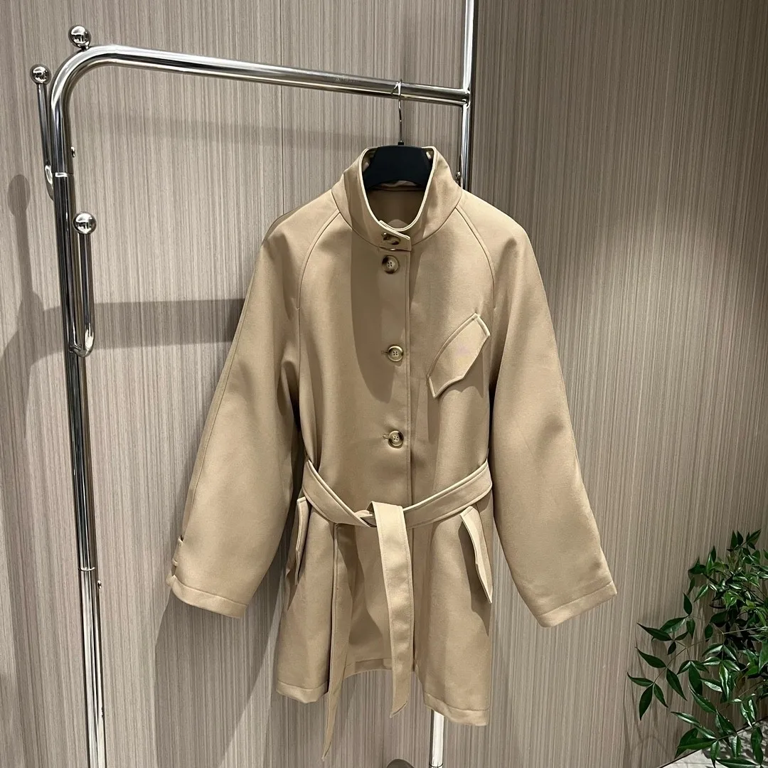 2023 Women's Clothing Stand collar button belted trench coat Autumn Winter New 0220