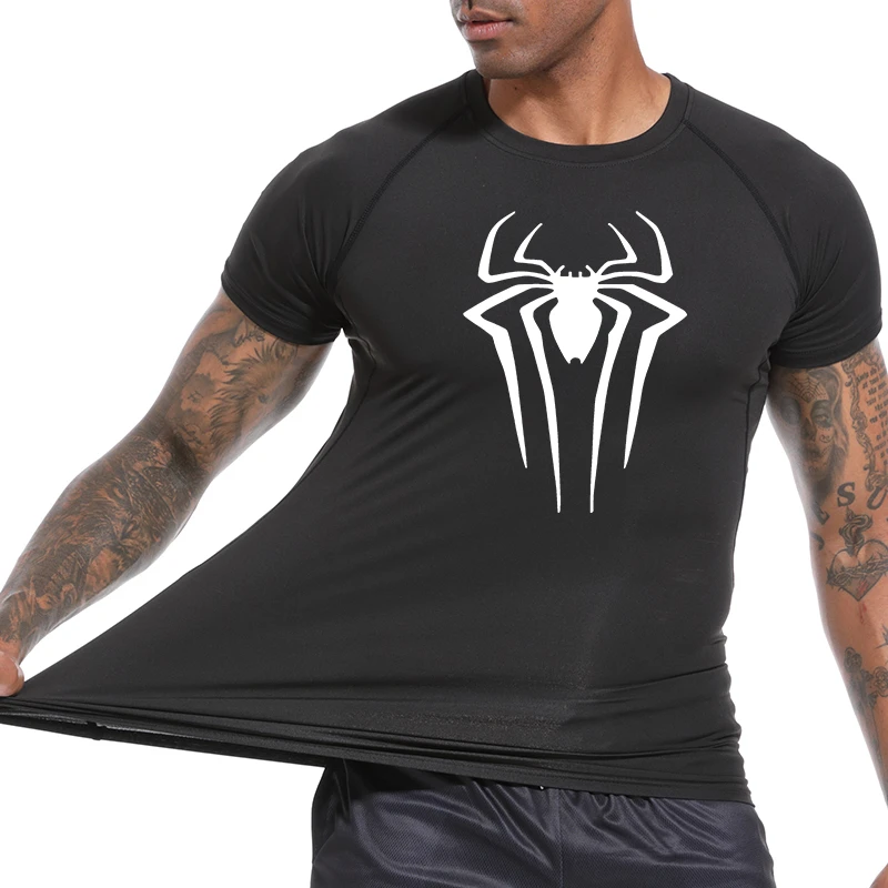 Kompressionsshirts mit Spinnen-Aufdruck für Herren, Sommer, kurzärmelig, Rashguard, Fitnessstudio, Workout, T-Shirt, sportlich, schnell trocknend, Unterhemden – Detail 5