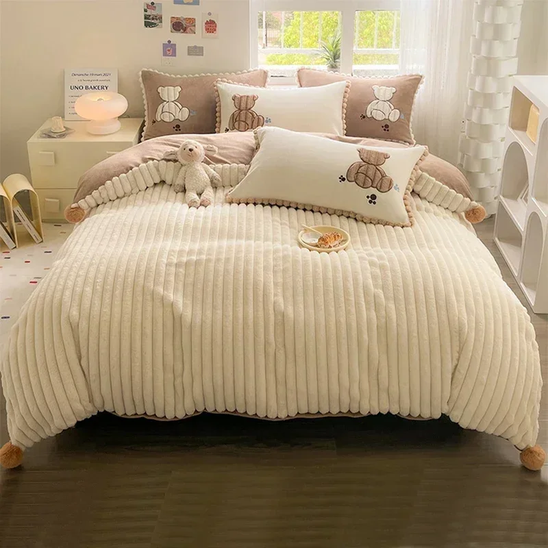 

Luxury Rabbit Velvet Bedding Set Queen King Full Size Thickened Warm Fitted Sheet Bed Linen Duvet Cover Plaid with Pillowcase 이불