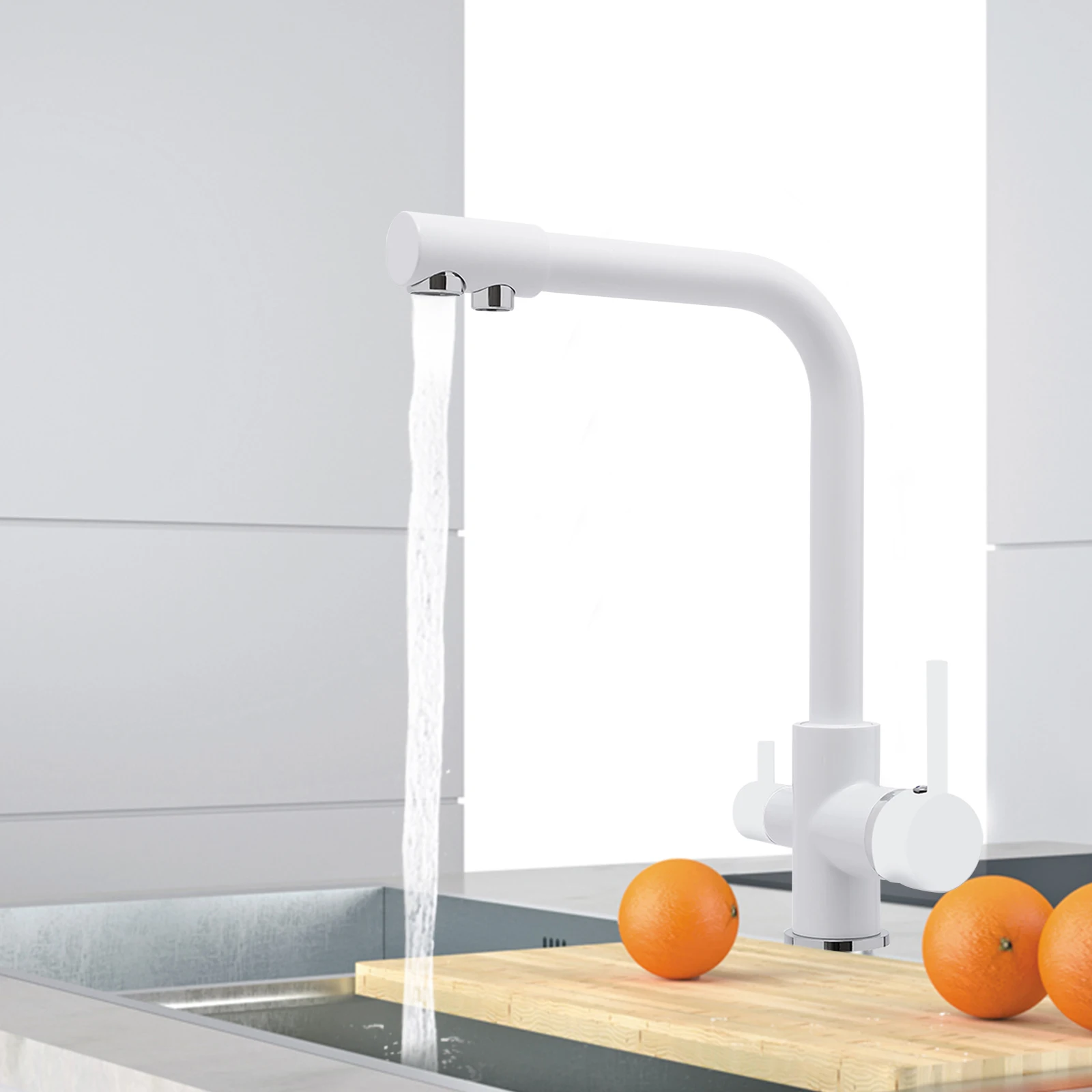 3-Wege-Küchenarmatur 360 ° Drehbarer Trinkhahn aus gefiltertem Wasser, Küchenarmatur aus Edelstahl, Warm- und Kaltwasserhahn für Küchenspüle – Detail 5