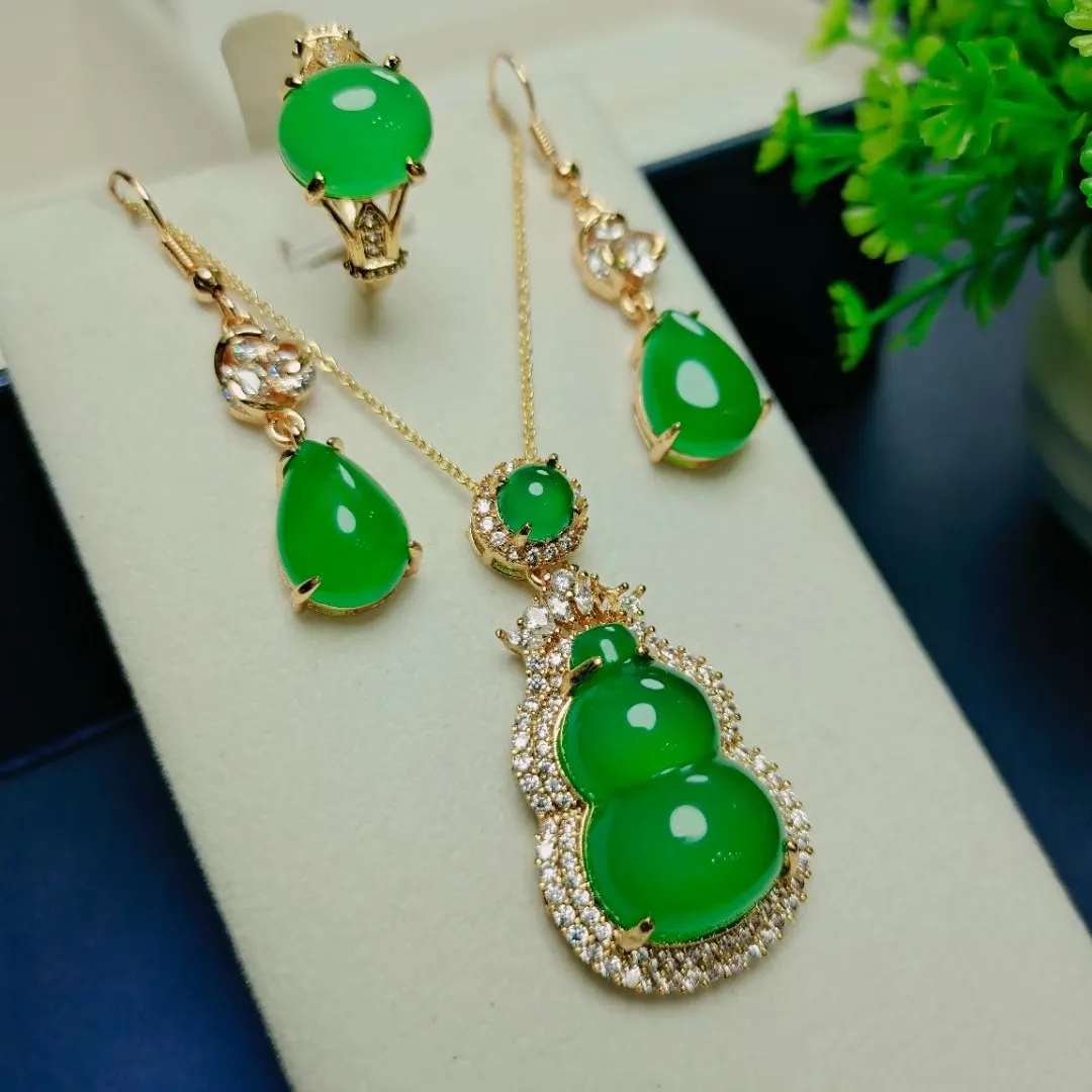 

Green Jade Jewelry Set Women Myanmar Jadeite With Zircon Gourd Pendant Necklace Dangle Earrings And Emerald Rings Jewellery Sets