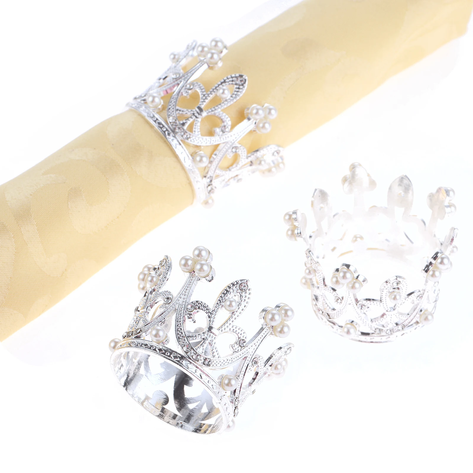 6pcs Gold/Silver Crown Napkin Rings 5.8cm/2.3" Embellished Pearl Rhinestones Decor Table Cloth Holder Buckle Wedding Party Feast