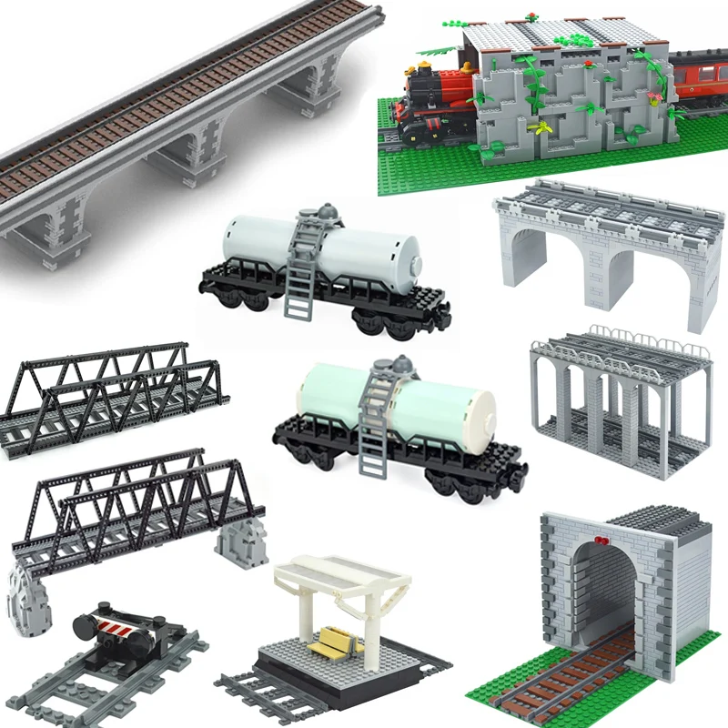 MOC Train Tunnel Exit Entrance Model Set City Train Container Oil Tank Kits Mountain Railway Track Traffic Lights Leduo Block