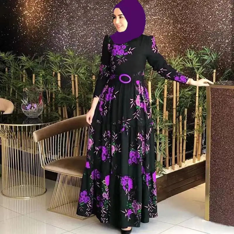 Middle East Muslim Vintage Print Women Dresses Turkey Dubai New O-Neck Ladies Robe Islam Arab Casual Loose Female Caftans