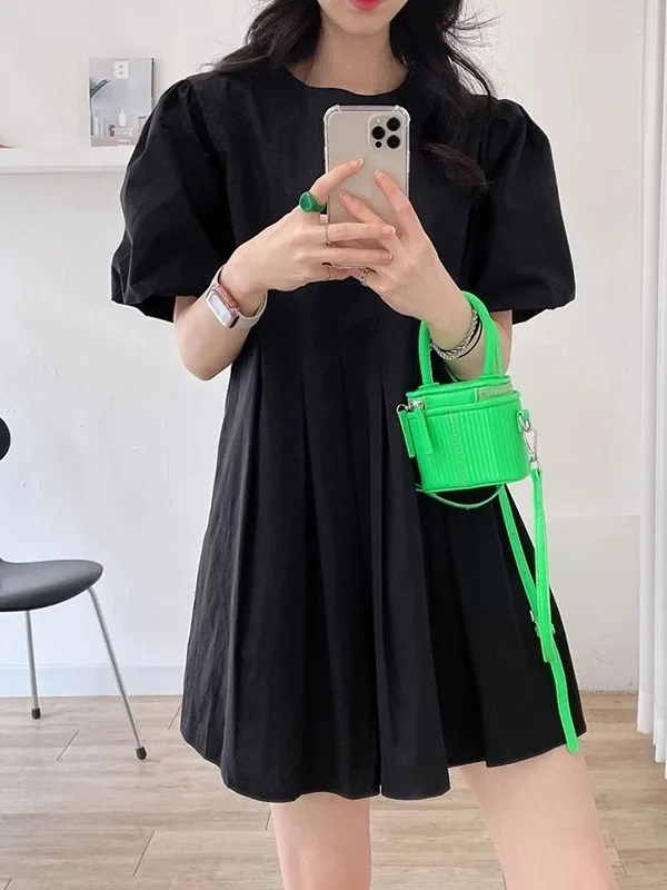 Chic Summer Simple Elegance round Ne Pleated Waist Slim Lantern Sve A-Line  Dr Women's Faion Commute Sle