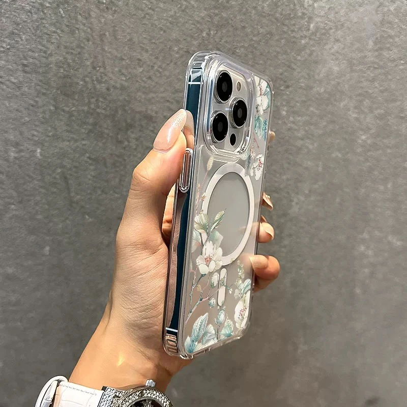 Floral Magnetic Transparent Phone Case with Magsafe Wireless Charging Capability