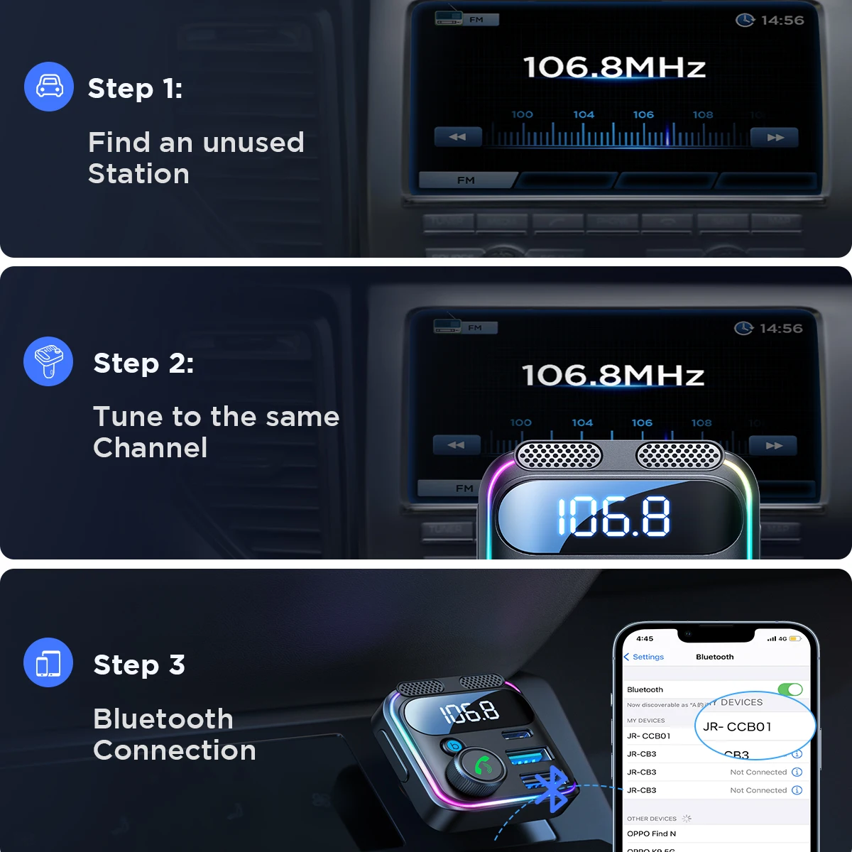 JOYROOM Bluetooth 5.3 FM Transmitter for Car 48W PD&QC3.0 Car Charger Adapter  Bluetooth & U Disk,Dual Mics,Hands-Free Calling - AliExpress