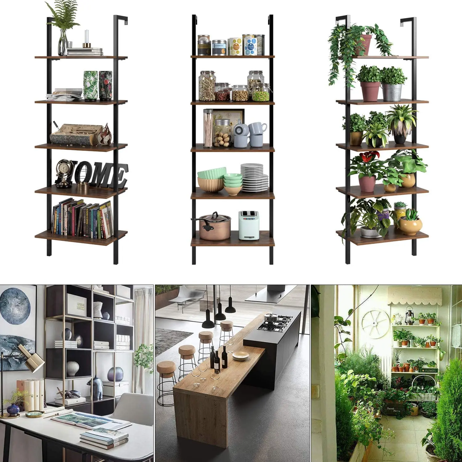 Homfa 5 Tier Industrial Ladder Shelve Display Stand Shelving Unit Book Shelf Wall Rack Storage