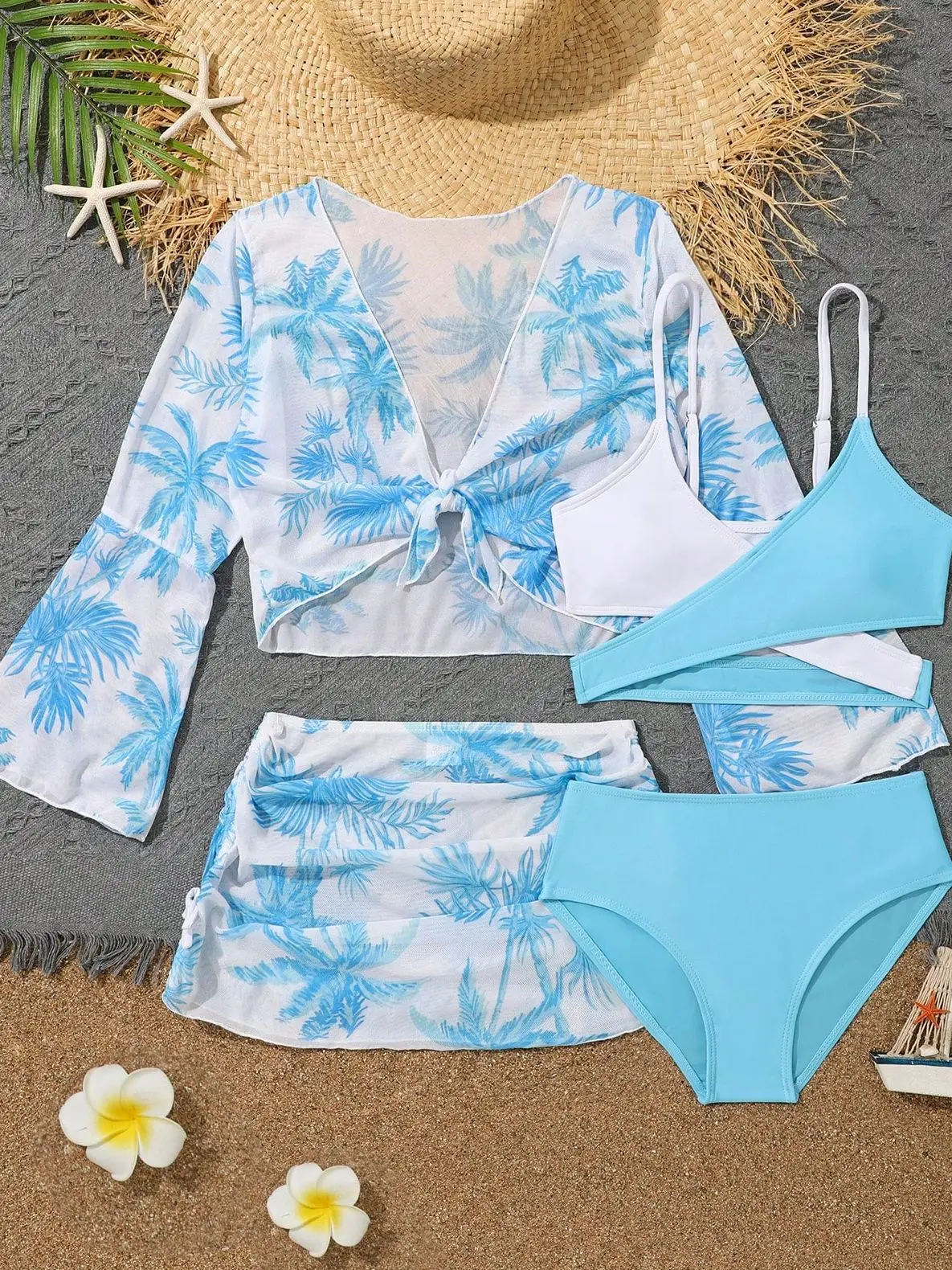 4 Pieces Bikini Top & Skirt 2026 Girls Swimsuit Kids High Waist Swimwear Children Bathers Bathing Swimming Swim Suit Beachwear