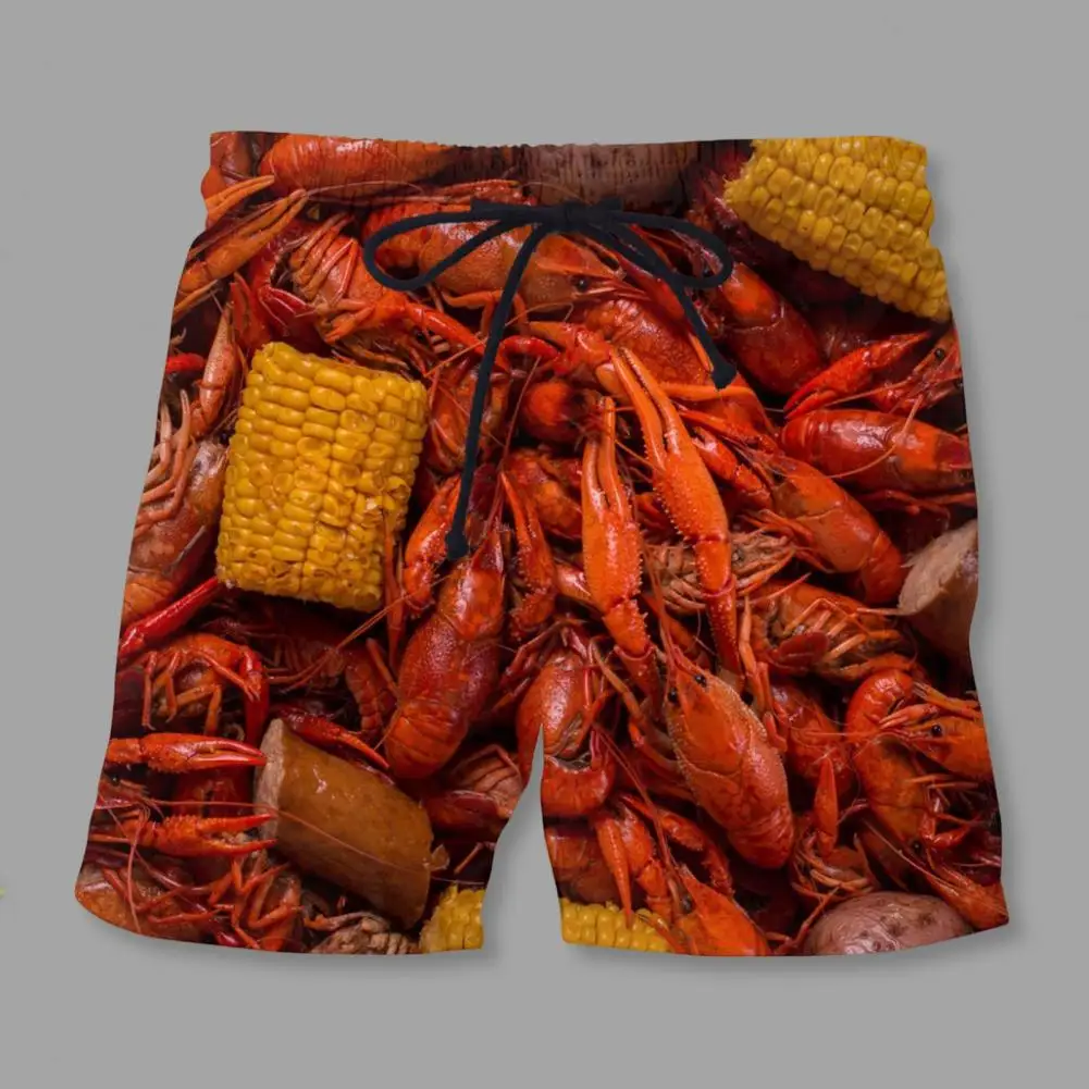 Elastic Waist Drawstring Shorts High-quality Men's Summer Beach Shorts with Elastic Waist Food Print Design for Leisure