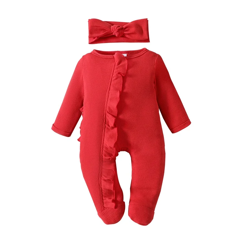 Pudcoco Infant Newborn Baby Girls Outfit Long Sleeve Crew Neck Frills Zipped Footies Jumpsuit and Headband Fall Clothes 0-12M baby clothes baby sleepsuit